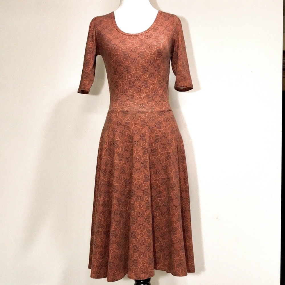 LuLaRoe Orange Print Simply Comfortable Stretch A-Line Midi Dress Size XS